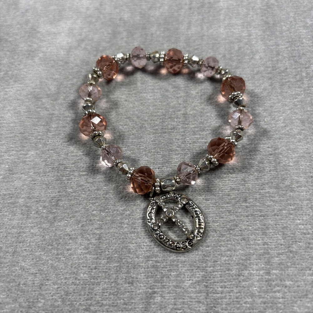 Pink Rose Gold Beaded Bracelet Cross Charm Serenity Wisdom Courage Crystal
